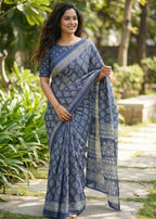 PURE SOFT COTTON HAND BAGRU PRINT BLUE SAREE WITH BLOUSE