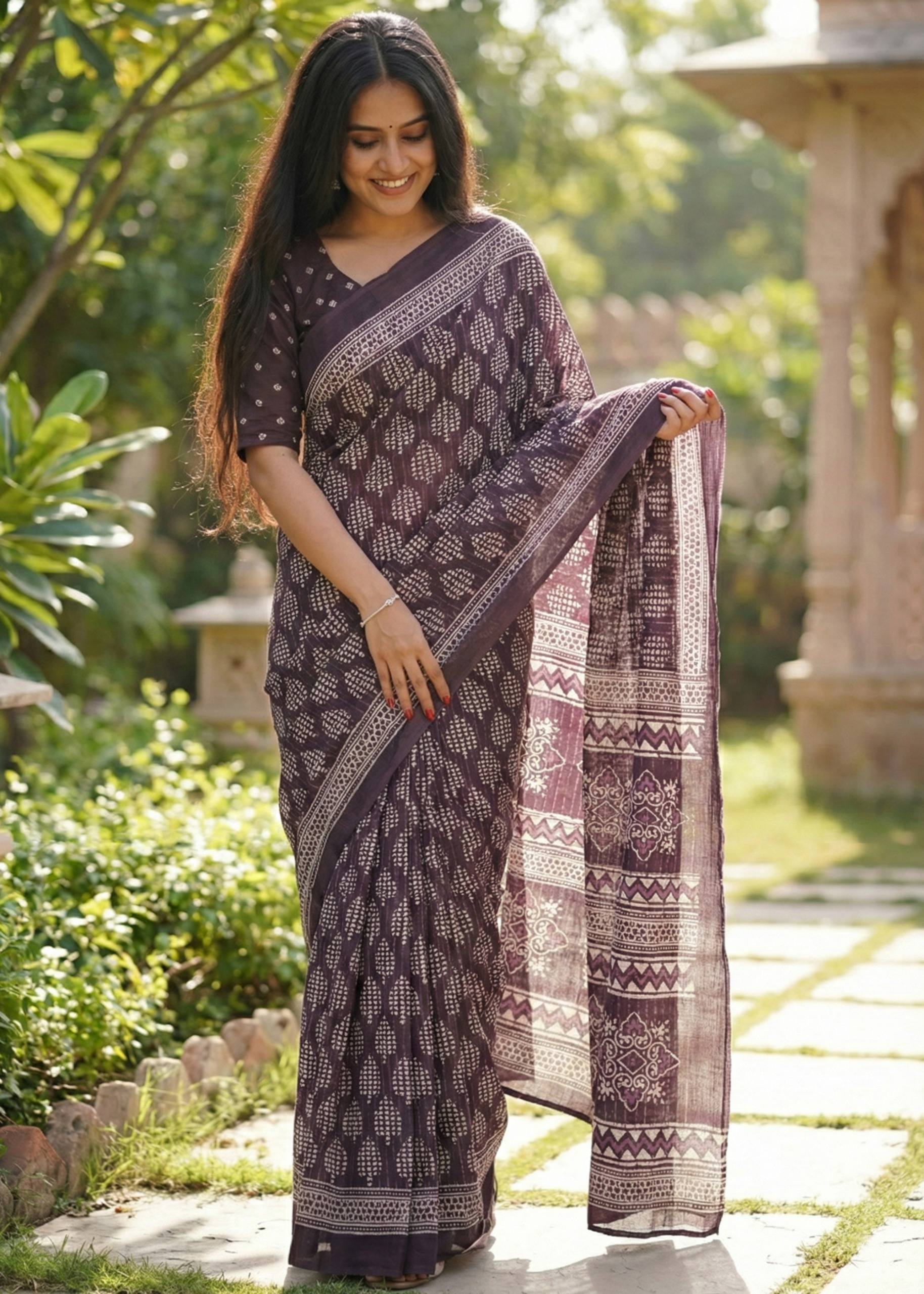 PURE SOFT COTTON HAND BAGRU PRINT BROWN SAREE WITH BLOUSE