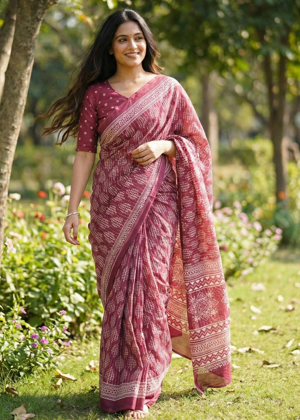PURE SOFT COTTON HAND BAGRU PRINT MAROON SAREE WITH BLOUSE