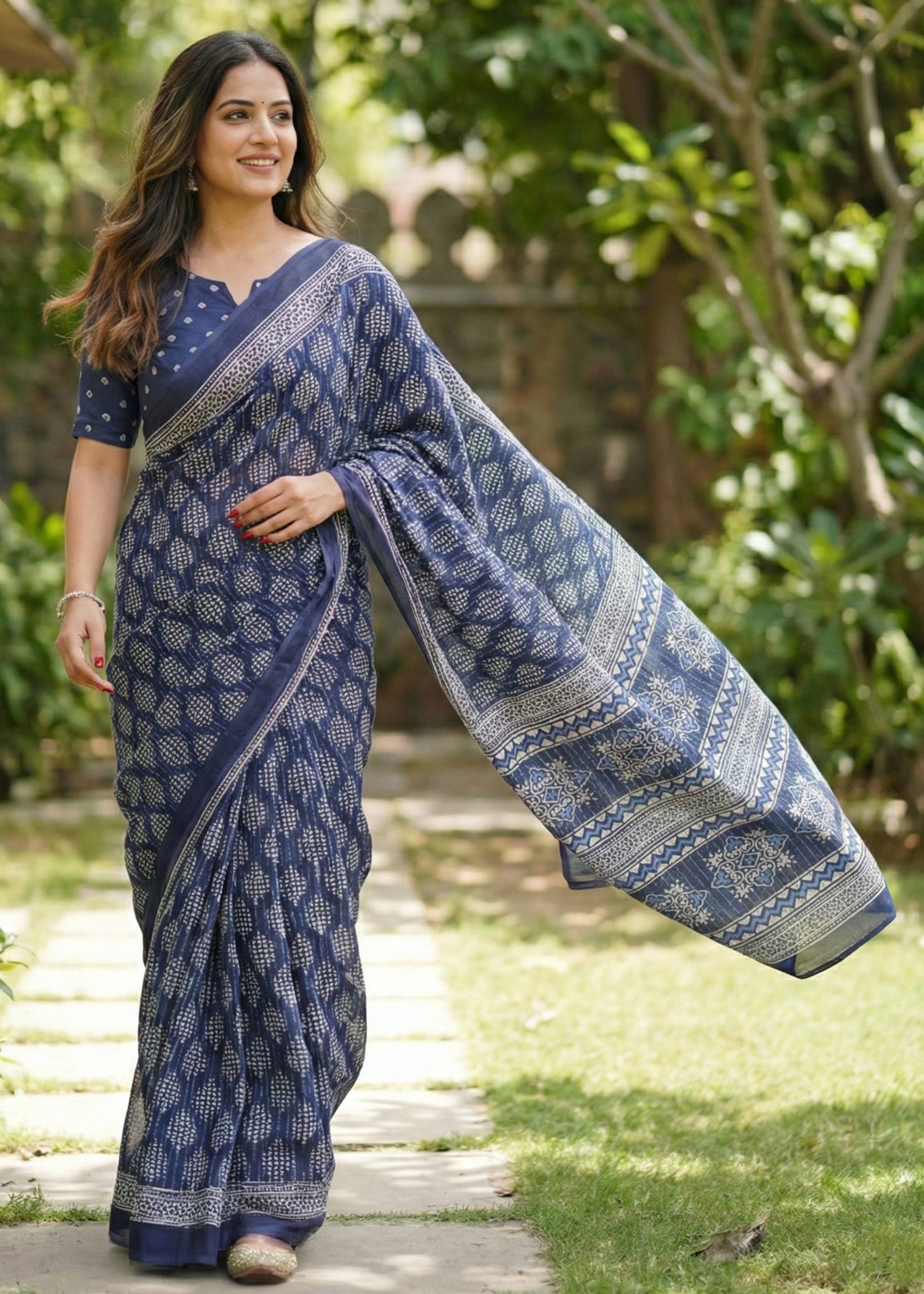 PURE SOFT COTTON HAND BAGRU PRINT NEVY BLUE SAREE WITH BLOUSE