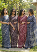PURE SOFT COTTON HAND BAGRU PRINT MAROON SAREE WITH BLOUSE
