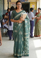 PURE SOFT COTTON HAND BAGRU PRINT TEAL SAREE WITH BLOUSE
