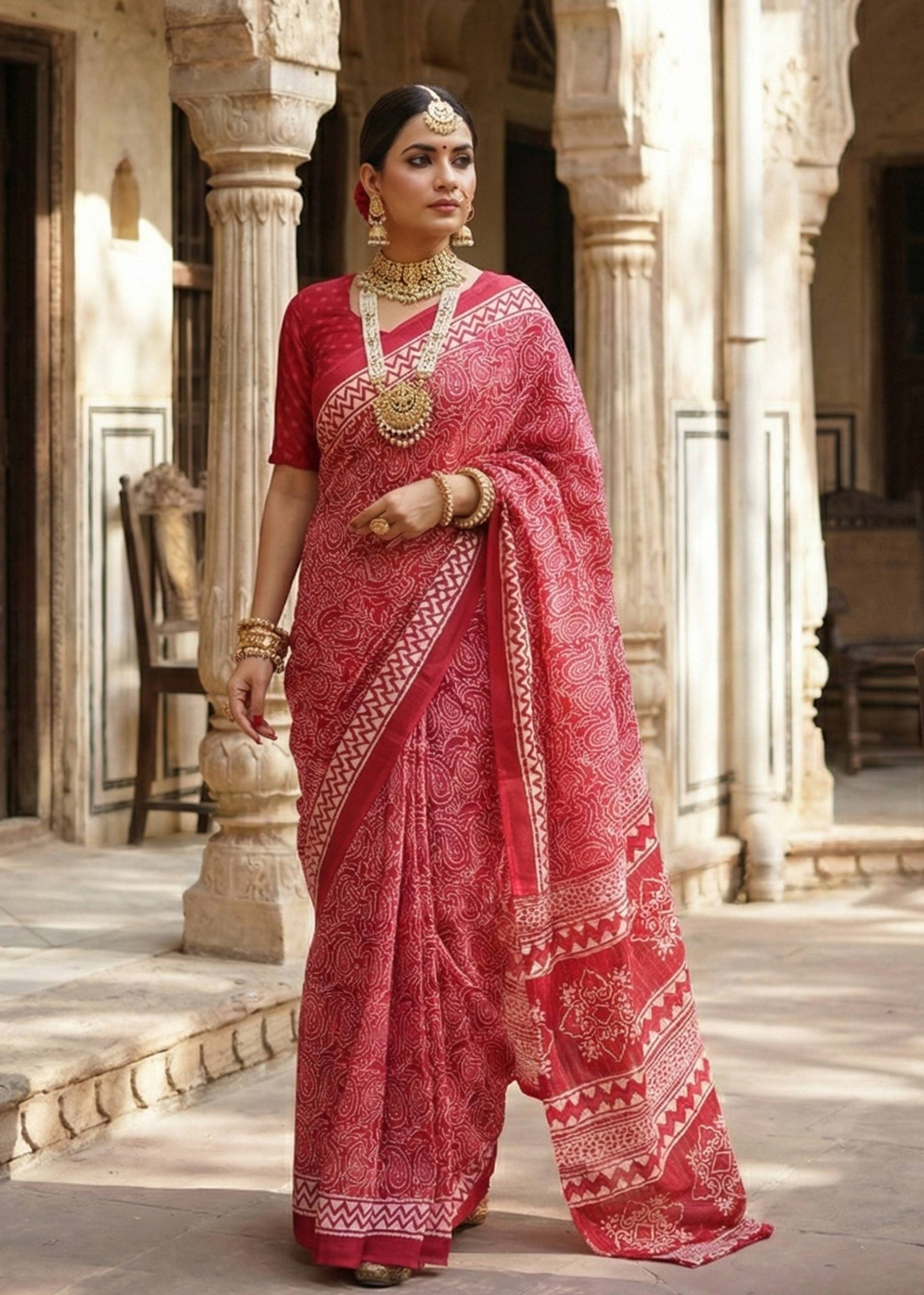 PURE SOFT COTTON HAND BAGRU PRINT RED SAREE WITH BLOUSE