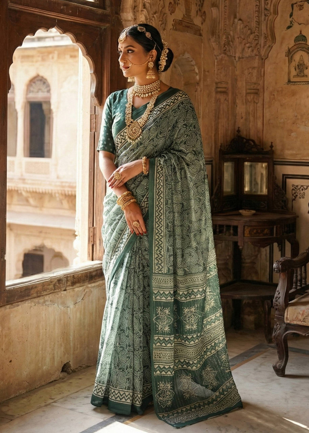 PURE SOFT COTTON HAND BAGRU PRINT GREEN SAREE WITH BLOUSE