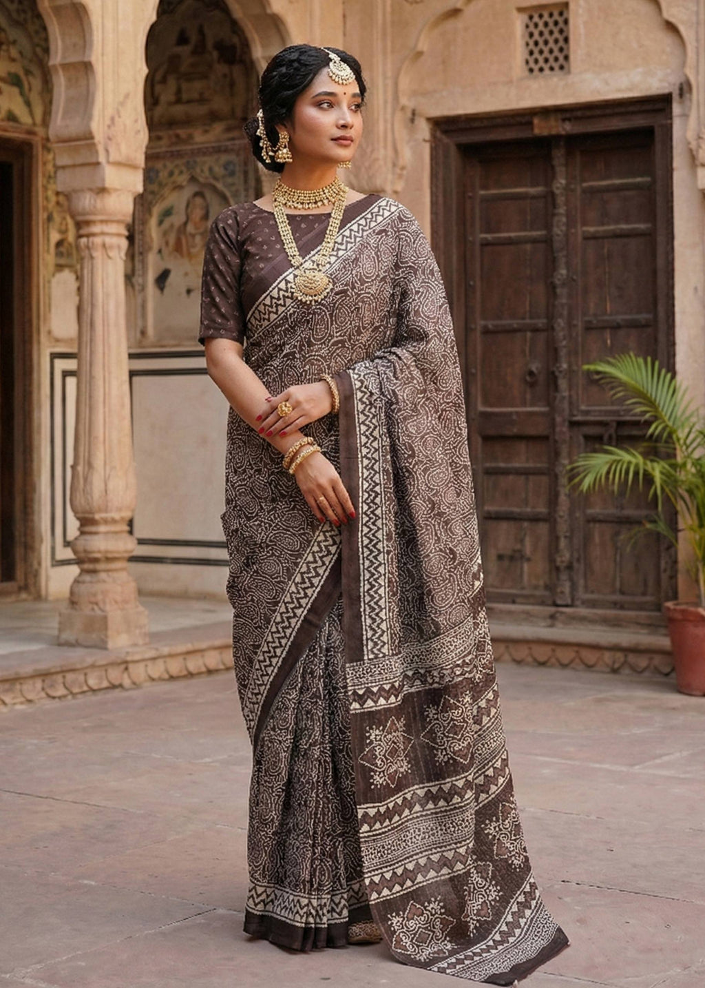 PURE SOFT COTTON HAND BAGRU PRINT BROWN SAREE WITH BLOUSE