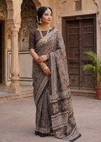 PURE SOFT COTTON HAND BAGRU PRINT BROWN SAREE WITH BLOUSE