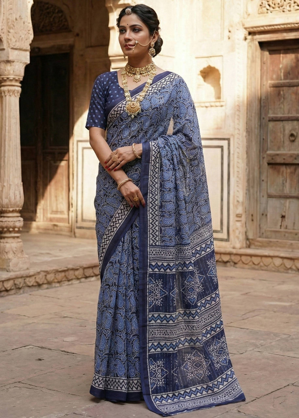 PURE SOFT COTTON HAND BAGRU PRINT BLUE SAREE WITH BLOUSE