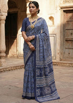 PURE SOFT COTTON HAND BAGRU PRINT BLUE SAREE WITH BLOUSE