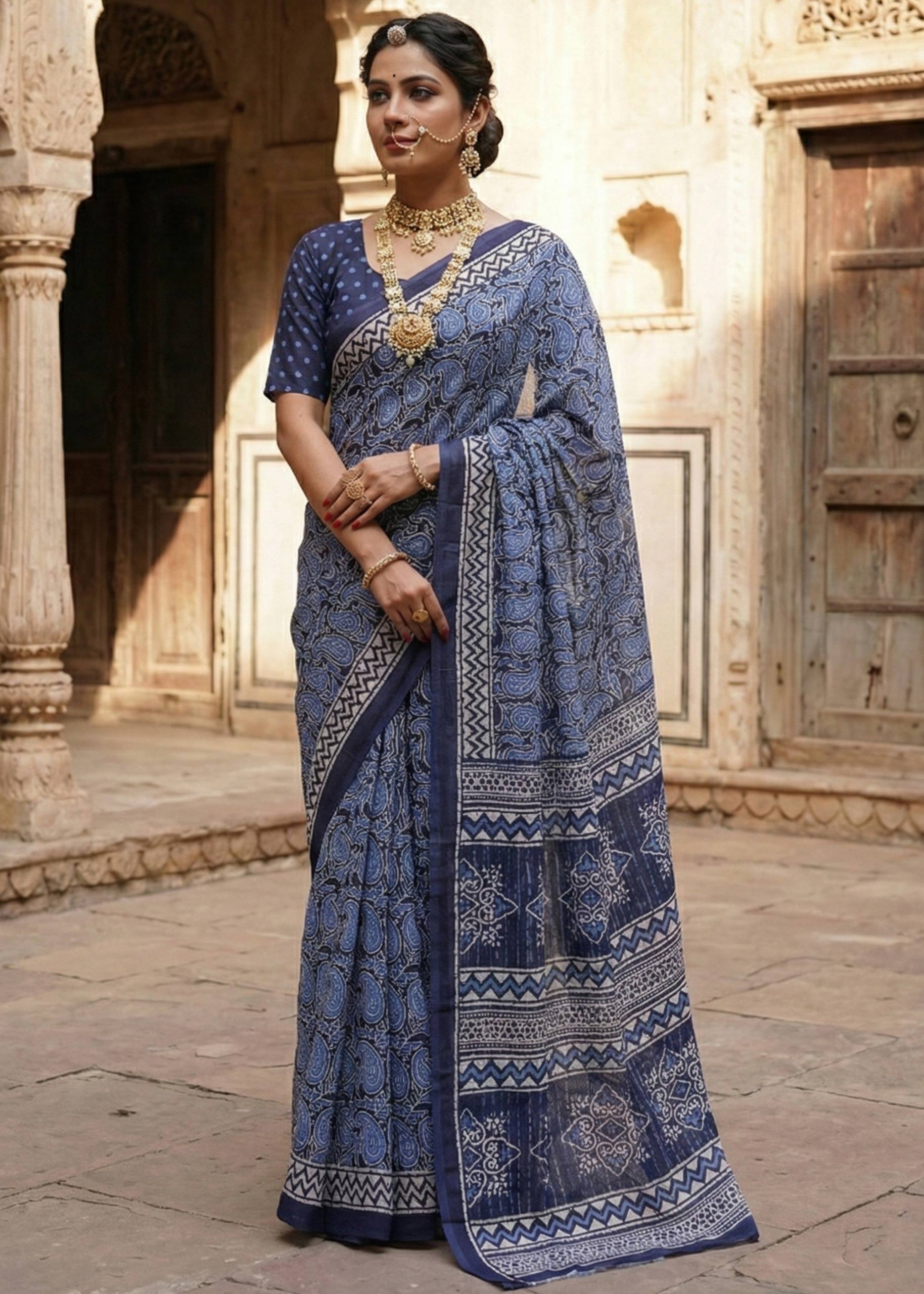 PURE SOFT COTTON HAND BAGRU PRINT BLUE SAREE WITH BLOUSE
