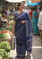 PURE SOFT COTTON HAND BAGRU PRINT NEVY BLUE SAREE WITH BLOUSE