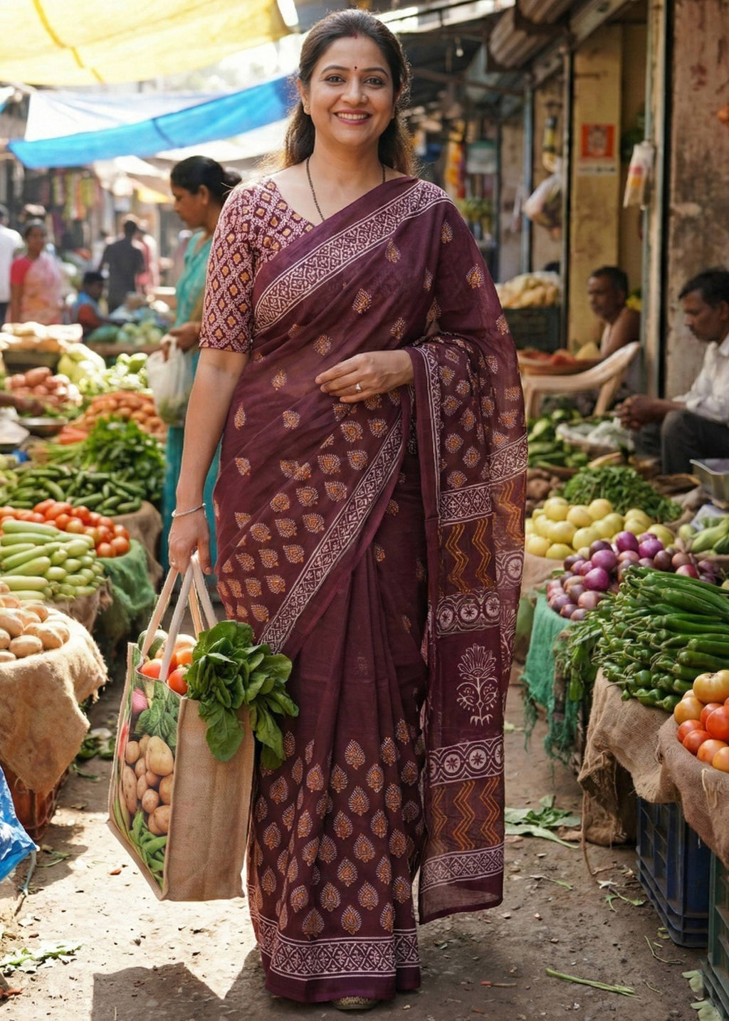 PURE SOFT COTTON HAND BAGRU PRINT BROWN SAREE WITH BLOUSE