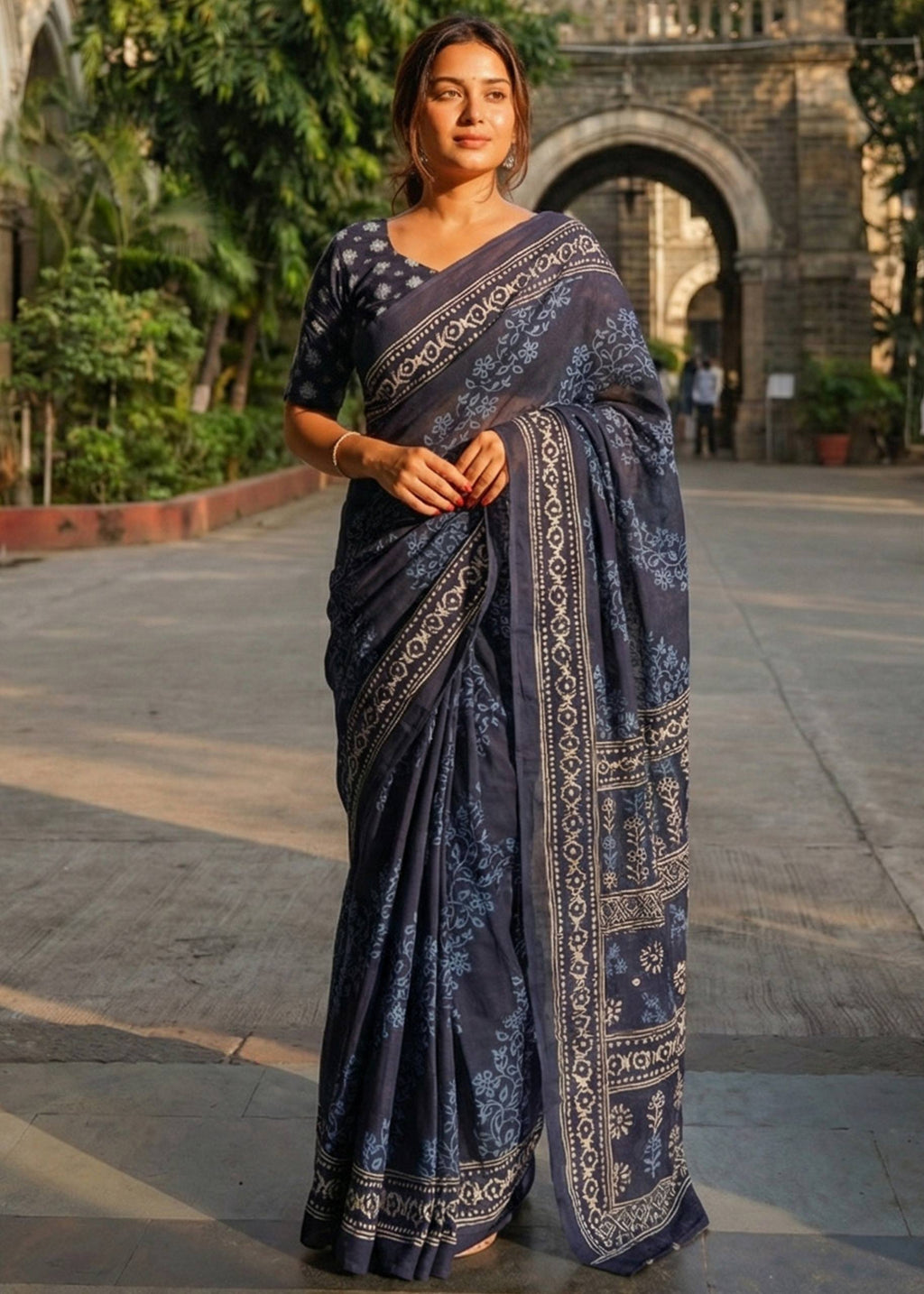 PURE SOFT COTTON HAND BAGRU PRINT NEVY BLUE SAREE WITH BLOUSE