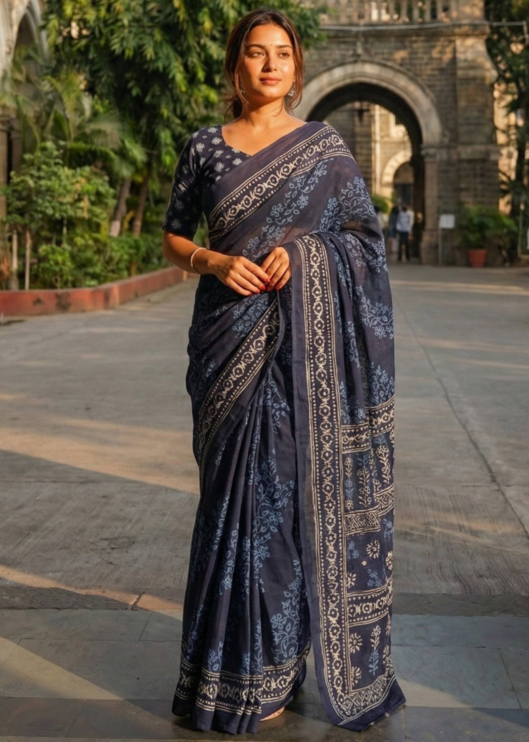 PURE SOFT COTTON HAND BAGRU PRINT NEVY BLUE SAREE WITH BLOUSE