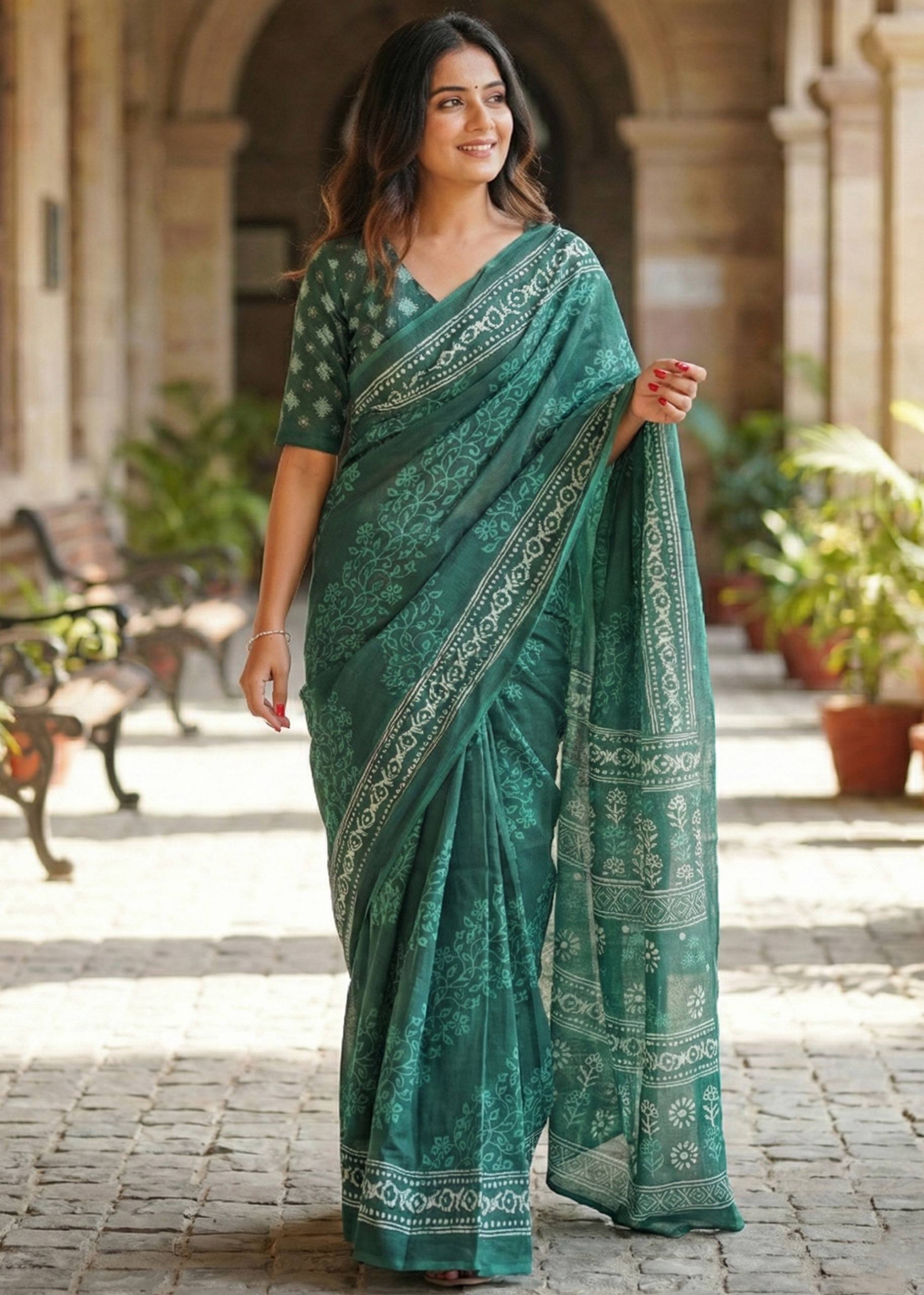 PURE SOFT COTTON HAND BAGRU PRINT TEAL SAREE WITH BLOUSE