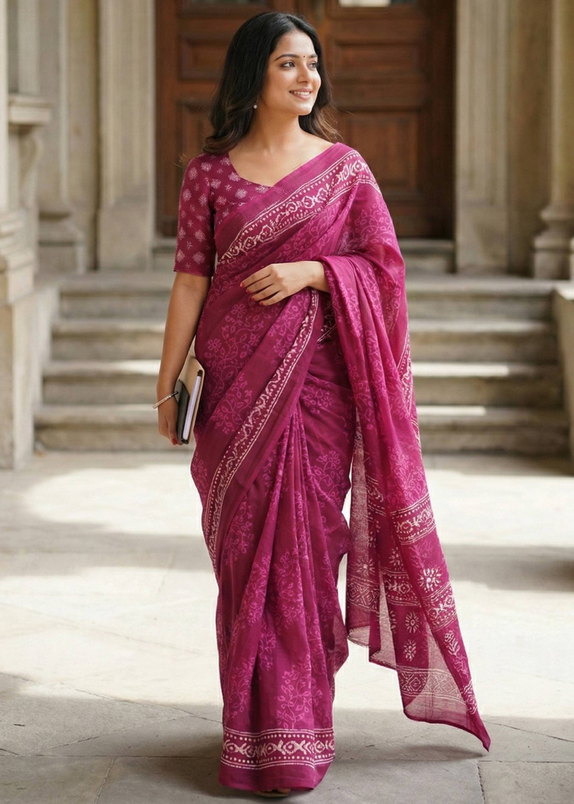 PURE SOFT COTTON HAND BAGRU PRINT PINK SAREE WITH BLOUSE