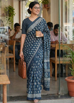 PURE SOFT COTTON HAND BAGRU PRINT DARK TEAL SAREE WITH BLOUSE