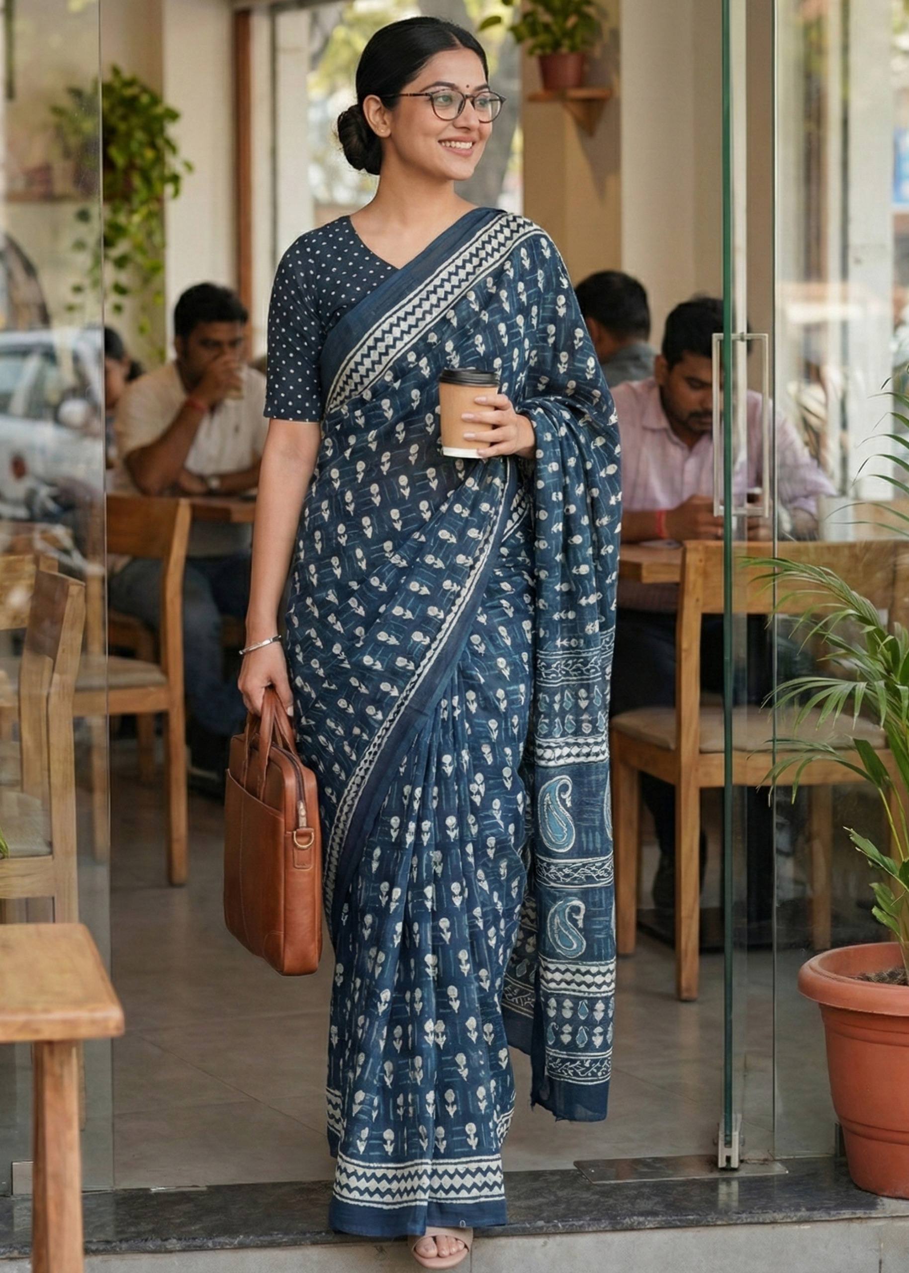 PURE SOFT COTTON HAND BAGRU PRINT DARK TEAL SAREE WITH BLOUSE