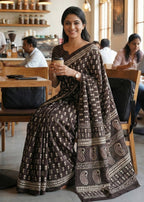 PURE SOFT COTTON HAND BAGRU PRINT BROWN SAREE WITH BLOUSE