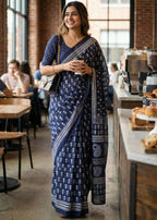PURE SOFT COTTON HAND BAGRU PRINT NEVY BLUE SAREE WITH BLOUSE