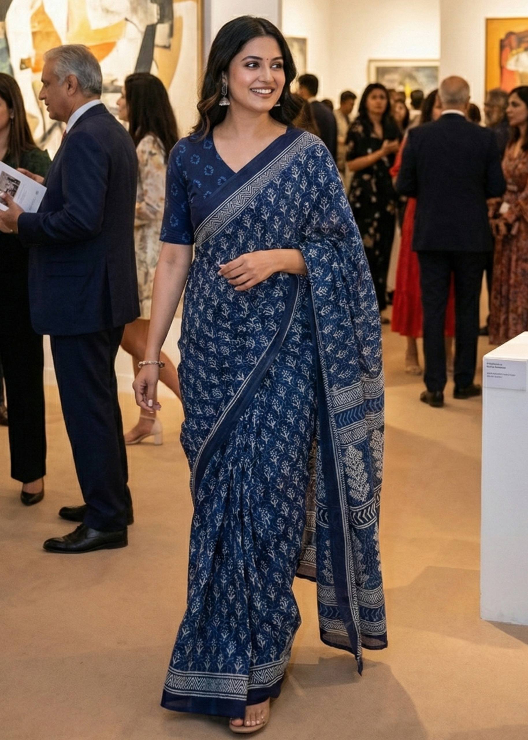 PURE SOFT COTTON HAND BAGRU PRINT BLUE SAREE WITH BLOUSE