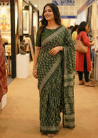 PURE SOFT COTTON HAND BAGRU PRINT GREEN SAREE WITH BLOUSE