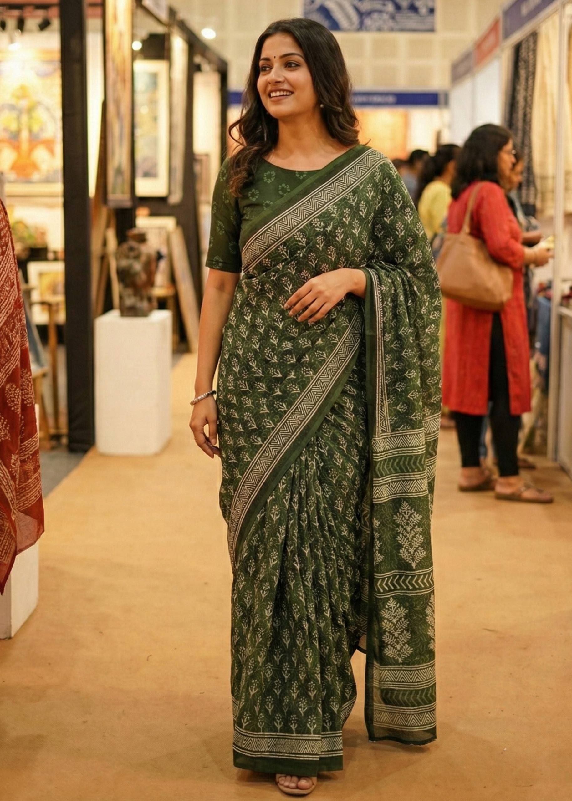 PURE SOFT COTTON HAND BAGRU PRINT GREEN SAREE WITH BLOUSE
