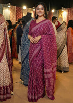 PURE SOFT COTTON HAND BAGRU PRINT PINK SAREE WITH BLOUSE