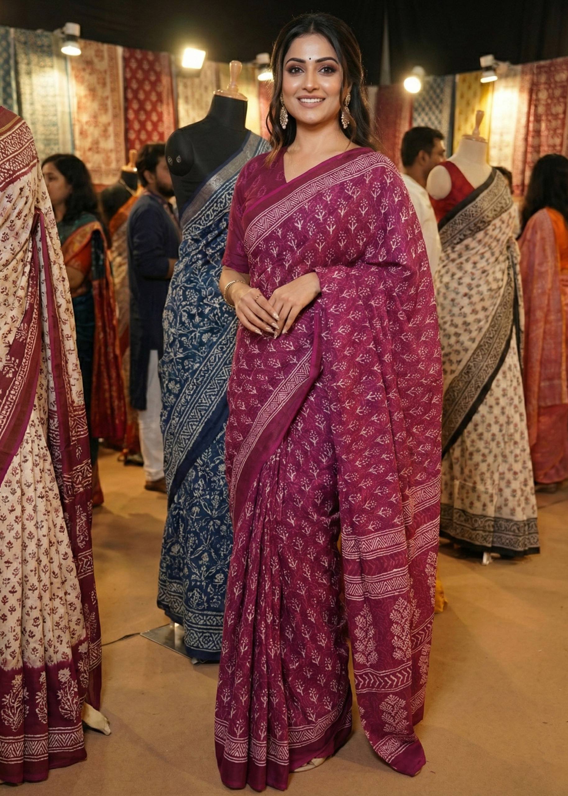 PURE SOFT COTTON HAND BAGRU PRINT PINK SAREE WITH BLOUSE