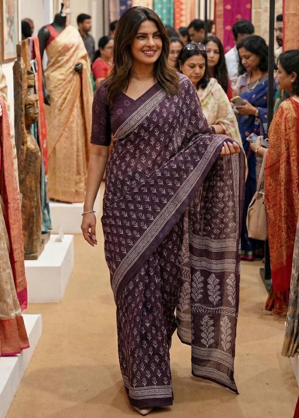 PURE SOFT COTTON HAND BAGRU PRINT PURPLE SAREE WITH BLOUSE