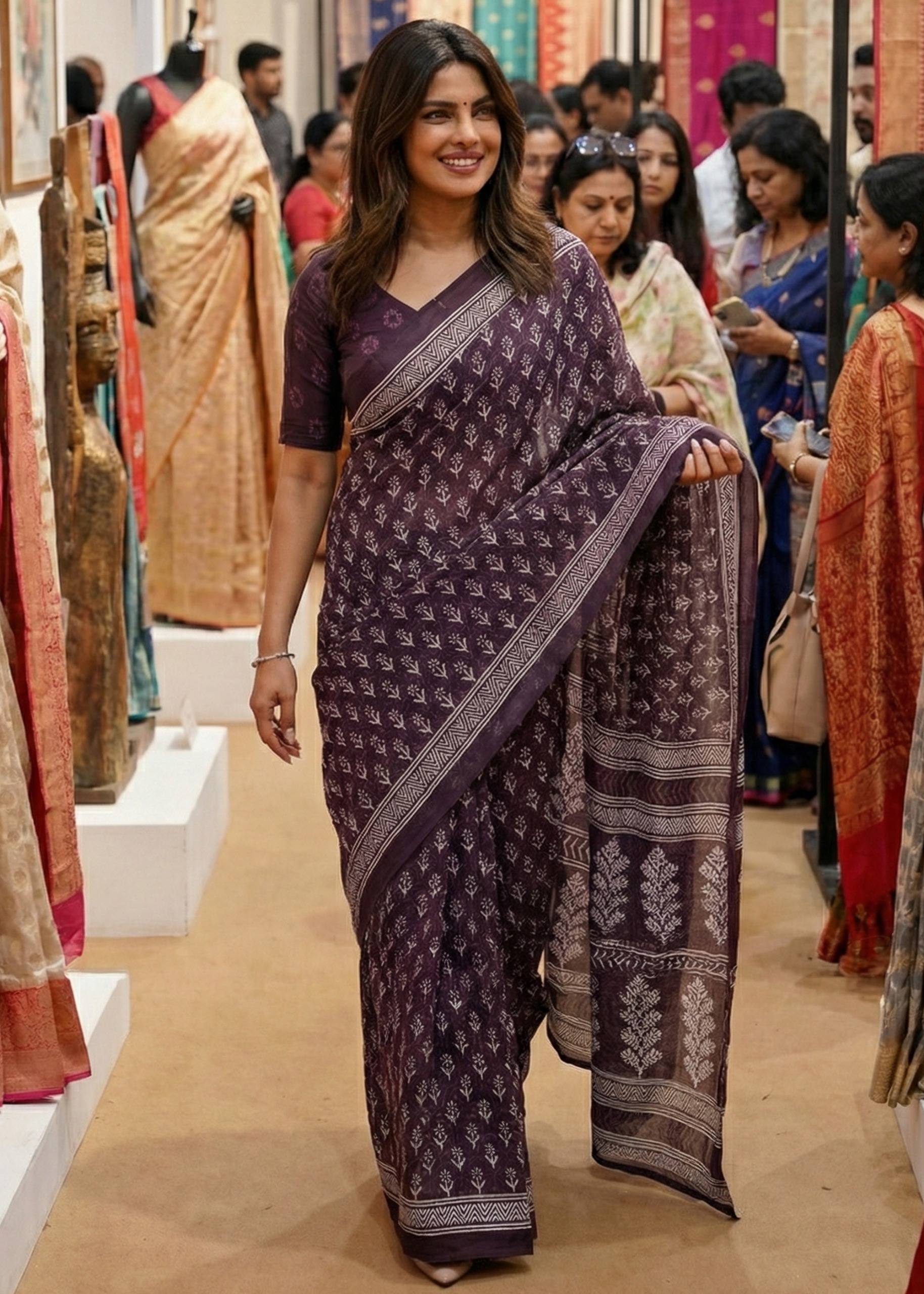 PURE SOFT COTTON HAND BAGRU PRINT PURPLE SAREE WITH BLOUSE