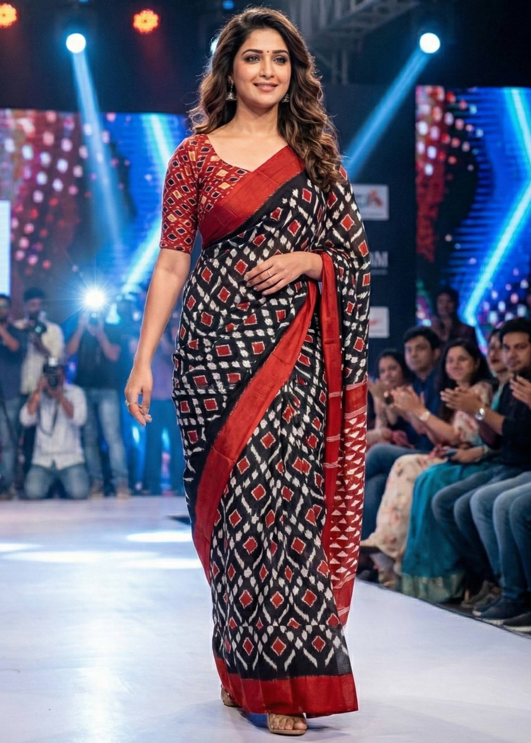 PURE SOFT COTTON HAND BAGRU PRINT BLACK AND RED SAREE WITH BLOUSE