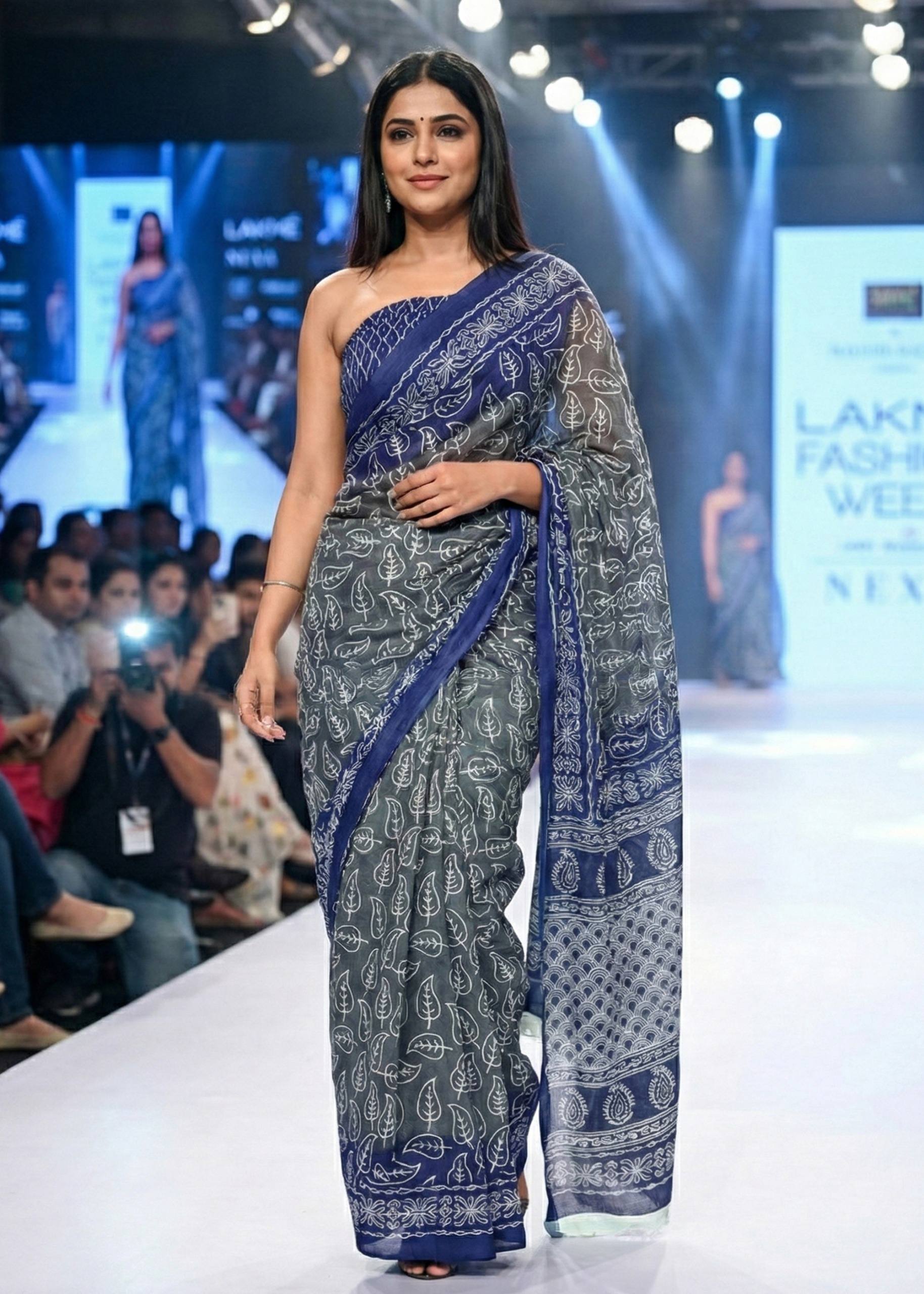 PURE SOFT COTTON HAND BAGRU PRINT BLUE GREY SAREE WITH BLOUSE