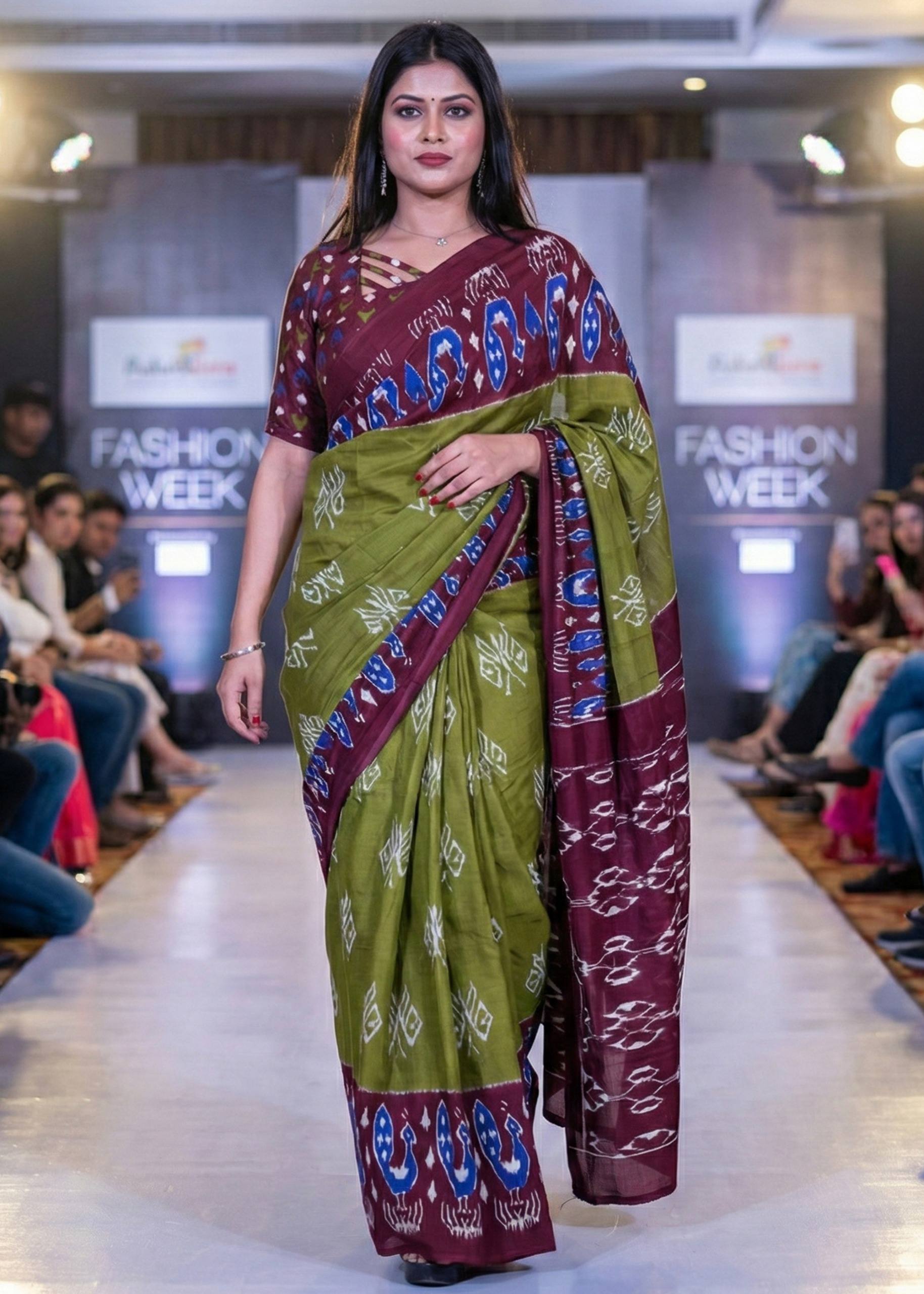 PURE SOFT COTTON HAND BAGRU PRINT GREEN AND PURPLE SAREE WITH BLOUSE
