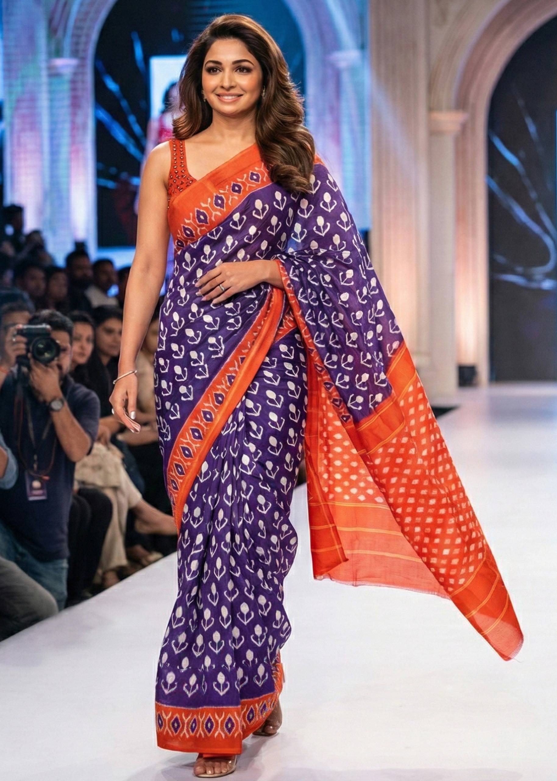 PURE SOFT COTTON HAND BAGRU PRINT BLUE VOILET SAREE WITH BLOUSE