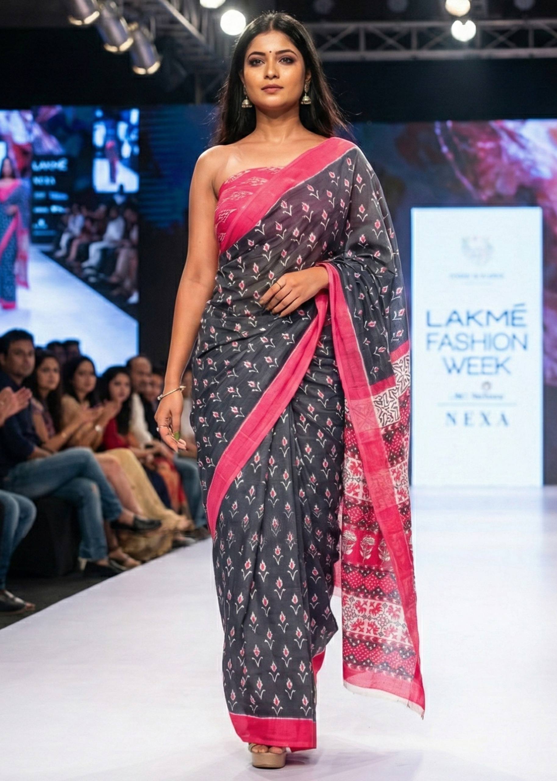 PURE SOFT COTTON HAND BAGRU PRINT BLACK AND PINK SAREE WITH BLOUSE