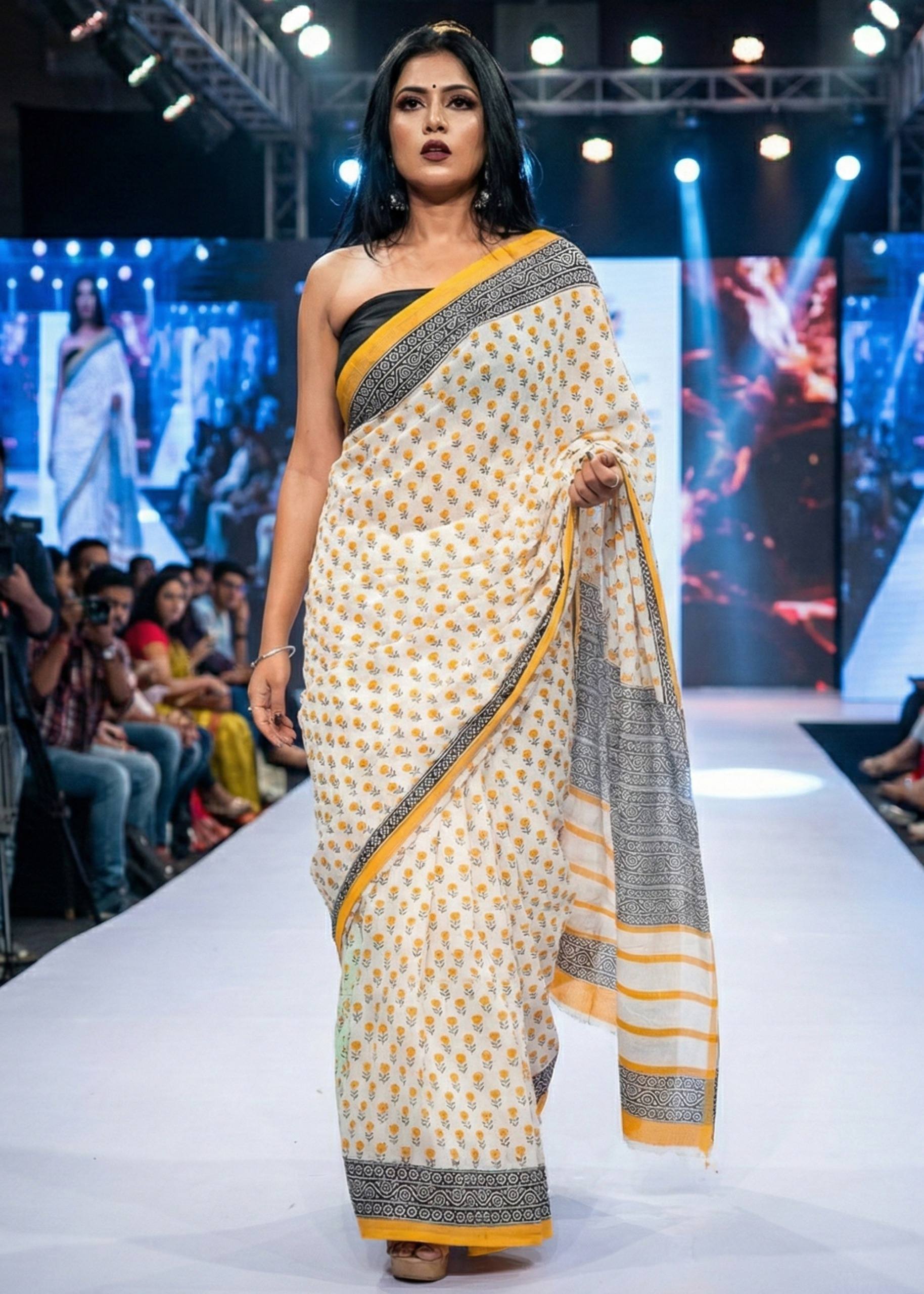 PURE SOFT COTTON HAND BAGRU PRINT YELLOW SAREE WITH BLOUSE