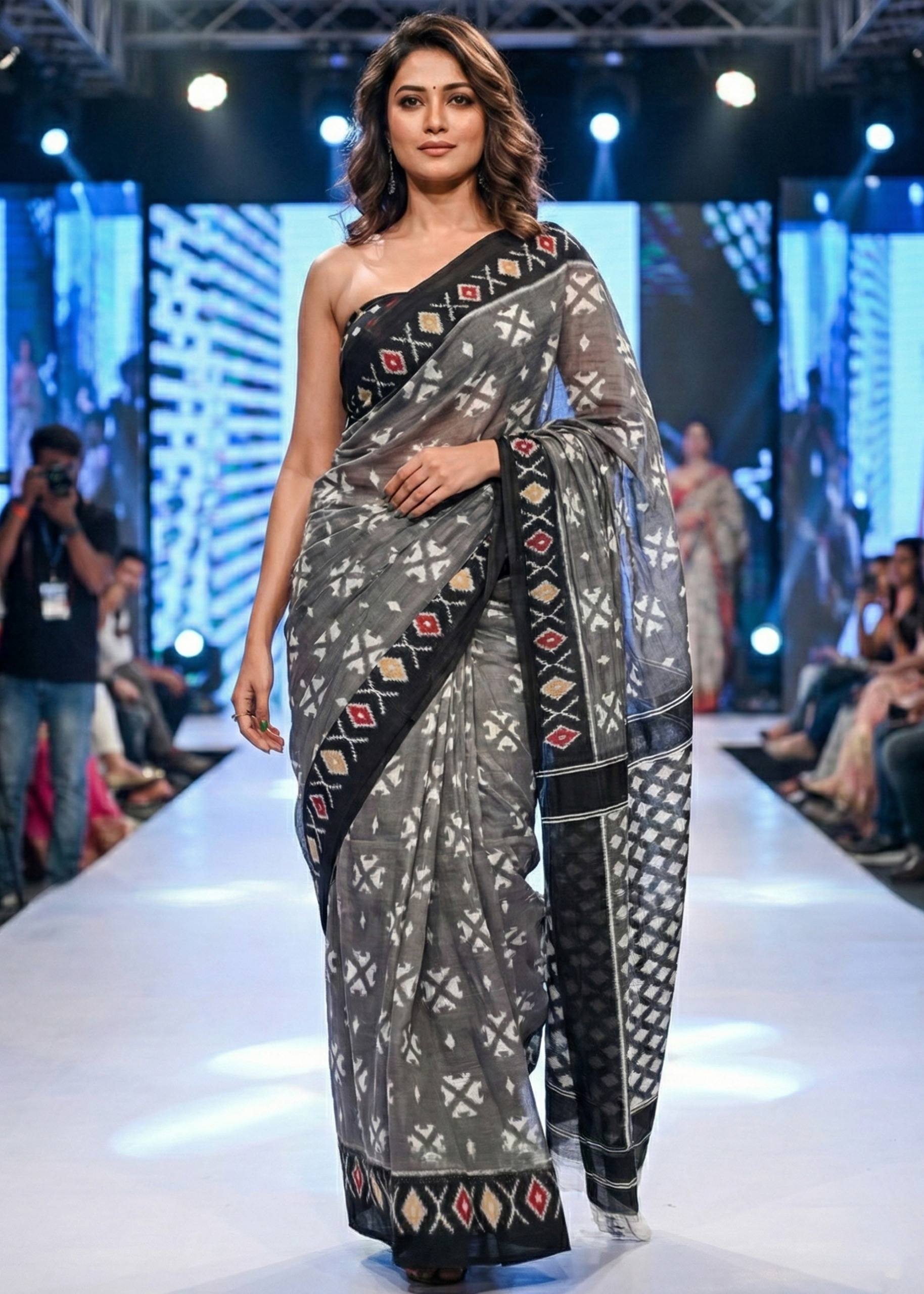 PURE SOFT COTTON HAND BAGRU PRINT GREY AND BLACK SAREE WITH BLOUSE