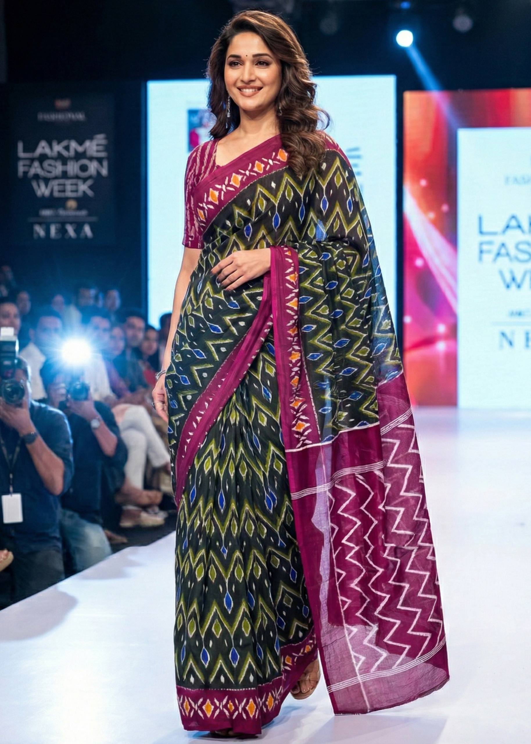 PURE SOFT COTTON HAND BAGRU PRINT BLACK SAREE WITH BLOUSE
