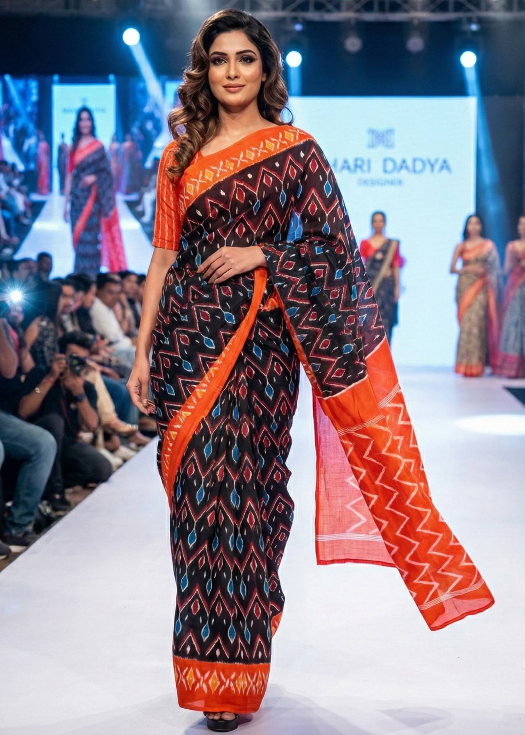 PURE SOFT COTTON HAND BAGRU PRINT BLACK AND ORANGE SAREE WITH BLOUSE