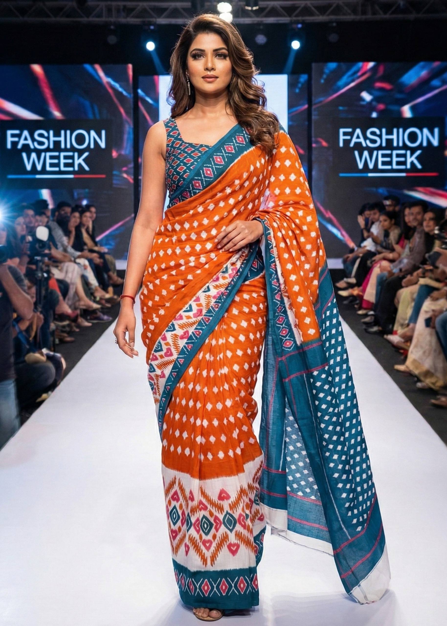 PURE SOFT COTTON HAND BAGRU PRINT ORANGE SAREE WITH BLOUSE