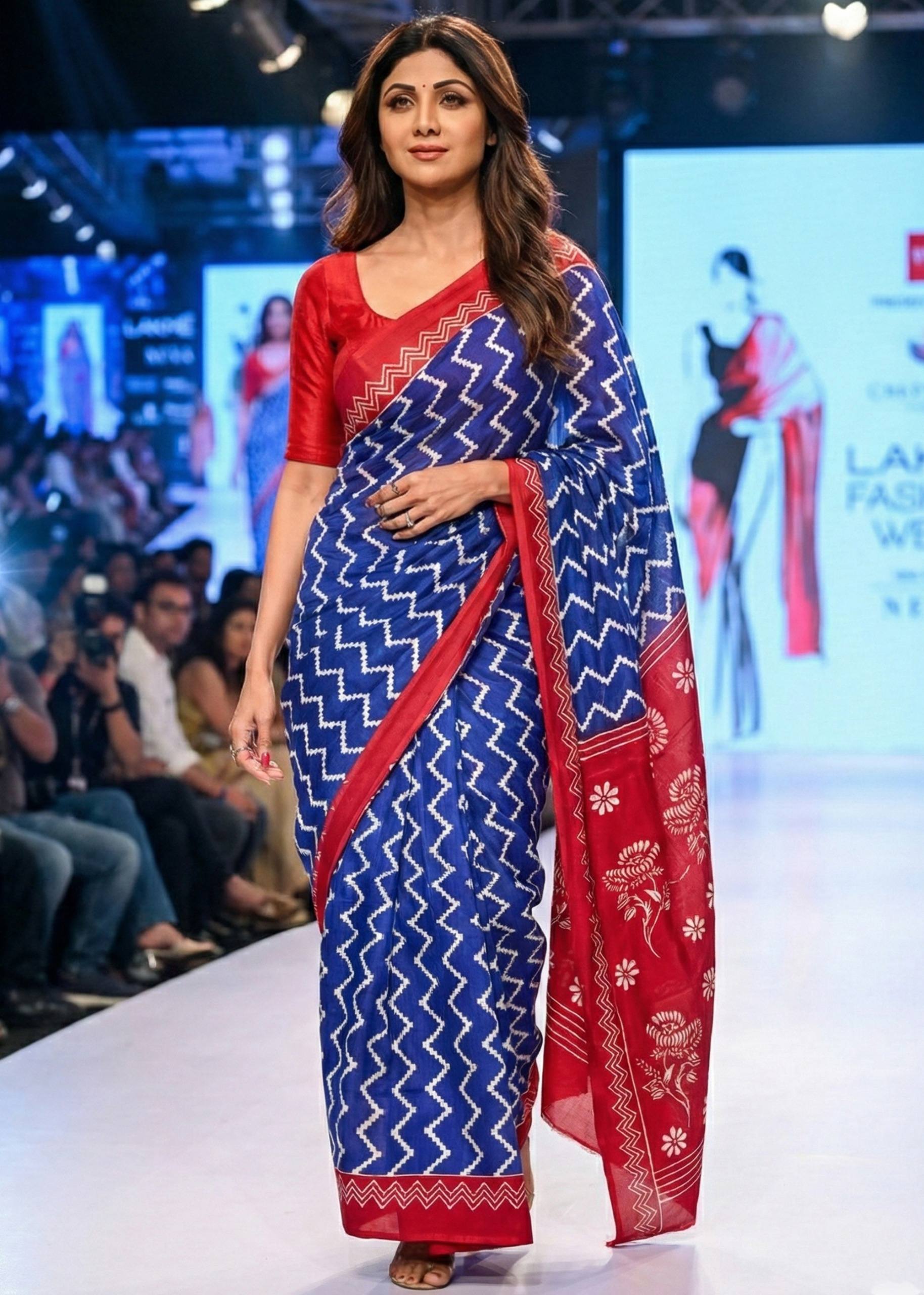 PURE SOFT COTTON HAND BAGRU PRINT BLUE AND RED SAREE WITH BLOUSE