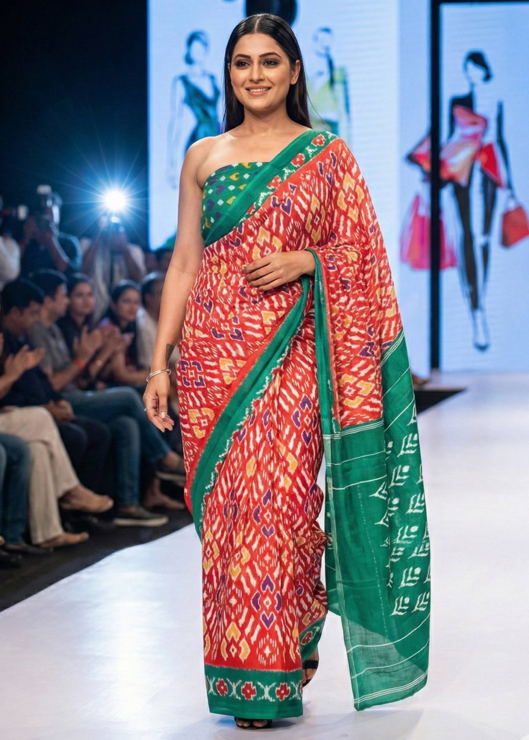 PURE SOFT COTTON HAND BAGRU PRINT ORANGE AND GREEN SAREE WITH BLOUSE