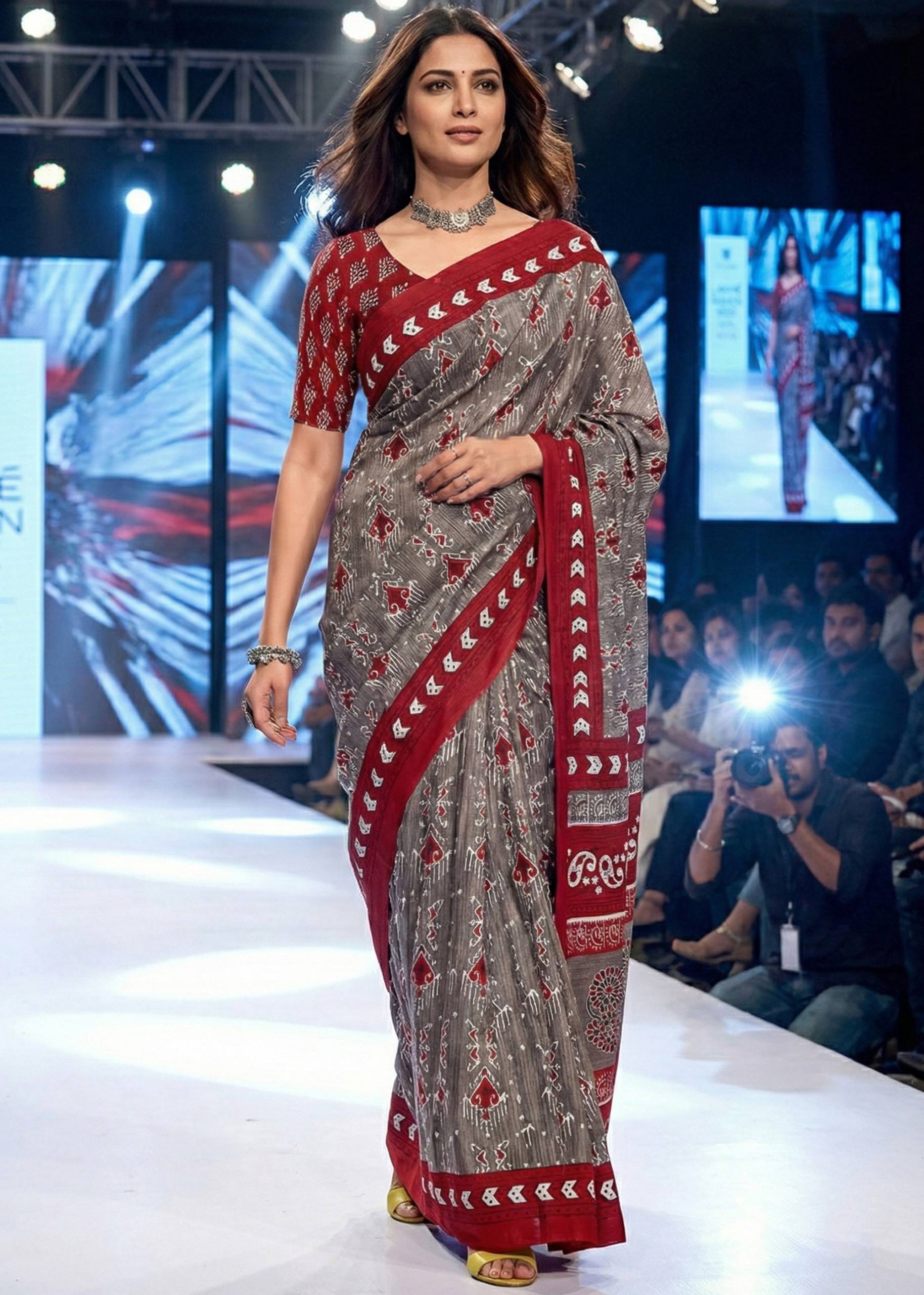 PURE SOFT COTTON HAND BAGRU PRINT BROWN AND RED SAREE WITH BLOUSE