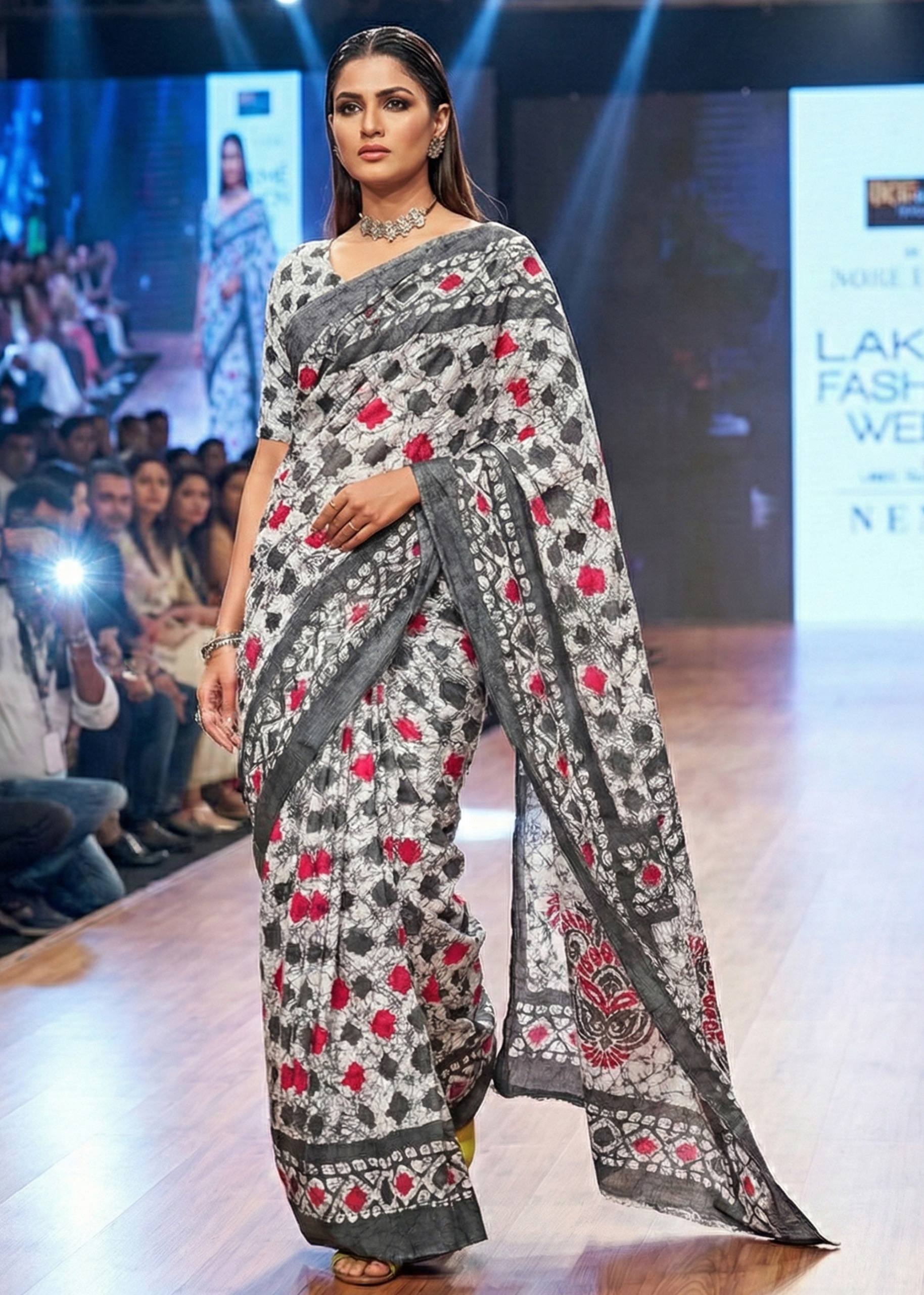 PURE SOFT COTTON HAND BAGRU PRINT GREY SAREE WITH BLOUSE