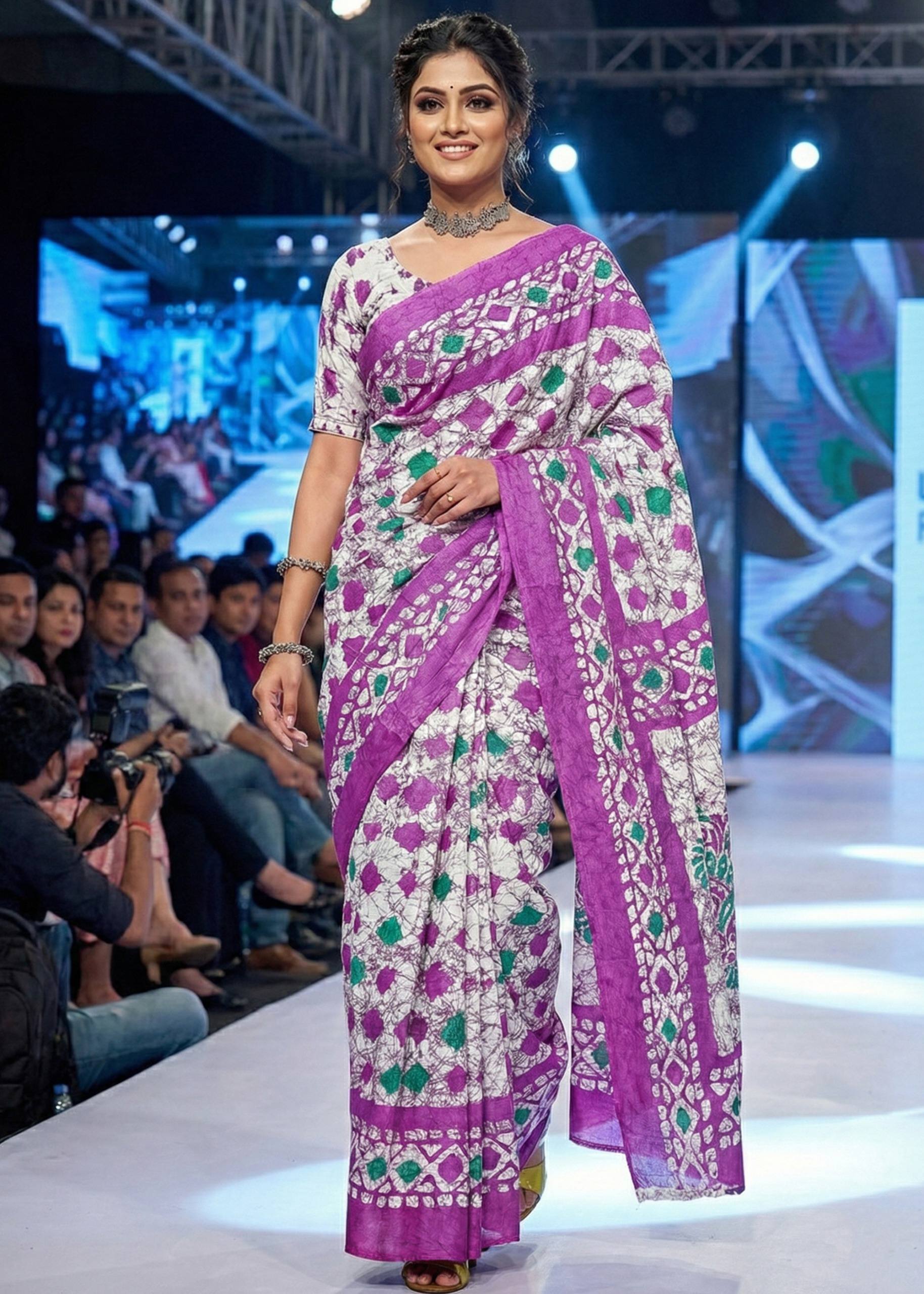 PURE SOFT COTTON HAND BAGRU PRINT PURPLE SAREE WITH BLOUSE