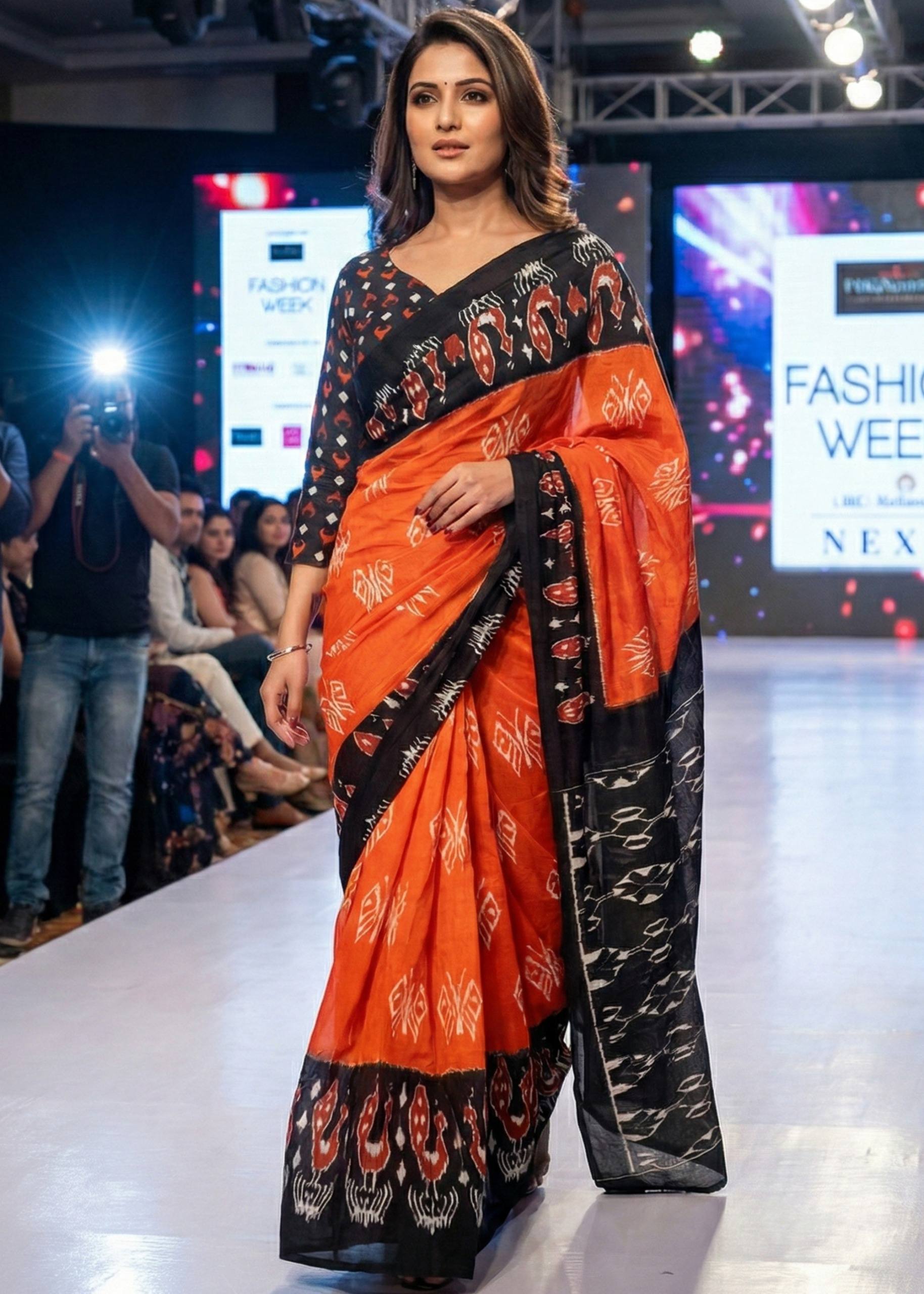 PURE SOFT COTTON HAND BAGRU PRINT ORANGE AND BLACK SAREE WITH BLOUSE
