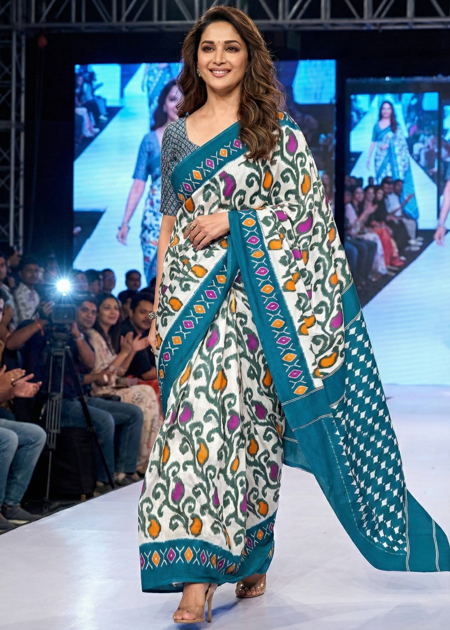 PURE SOFT COTTON HAND BAGRU PRINT WHITE AND BLUE SAREE WITH BLOUSE