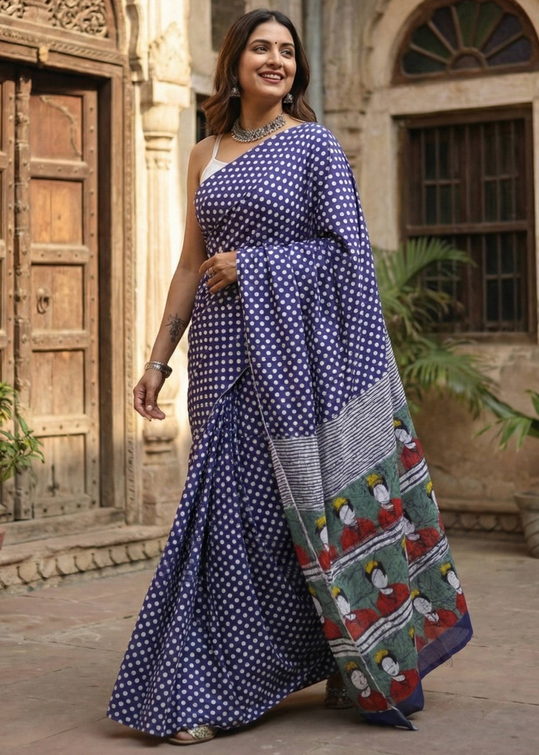 PURE SOFT COTTON HAND BAGRU PRINT BLUE SAREE WITH BLOUSE