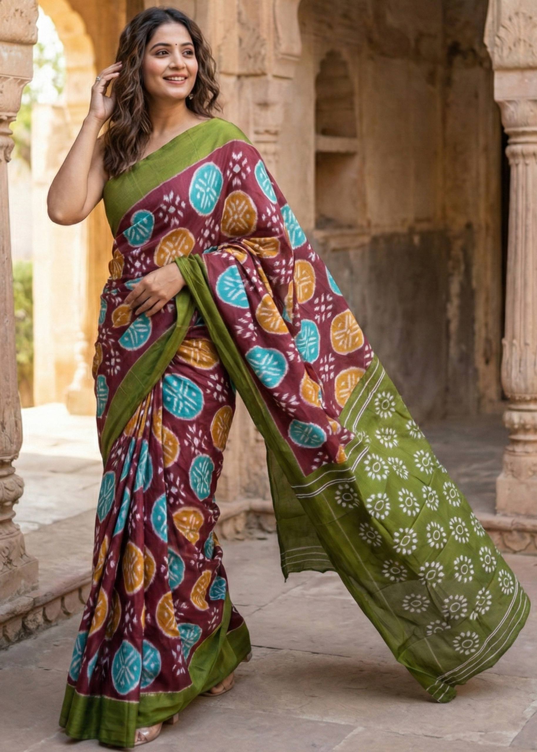 PURE SOFT COTTON HAND BAGRU PRINT MEHANDI GREEN SAREE WITH BLOUSE