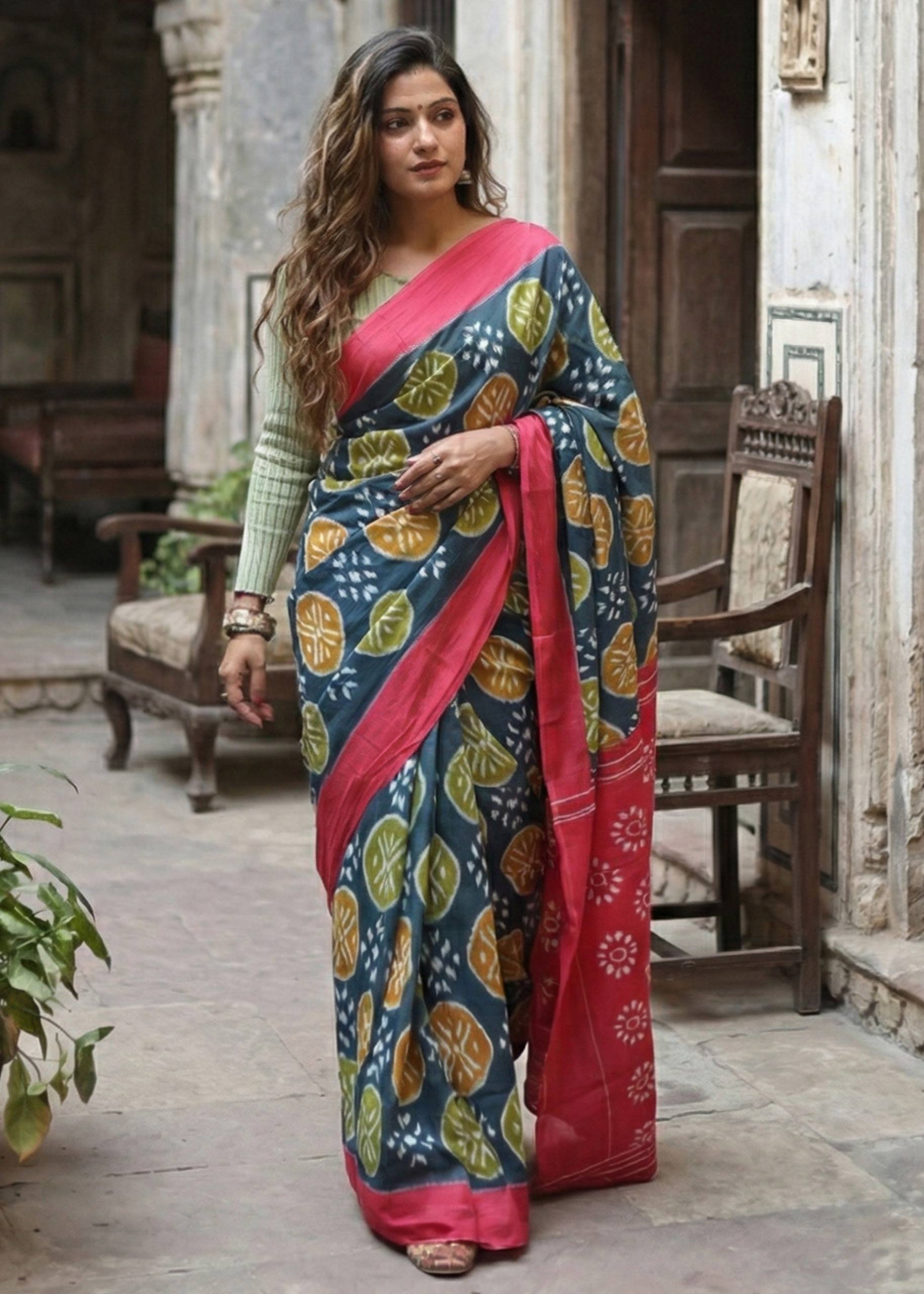 PURE SOFT COTTON HAND BAGRU PRINT BLUE GREY SAREE WITH BLOUSE
